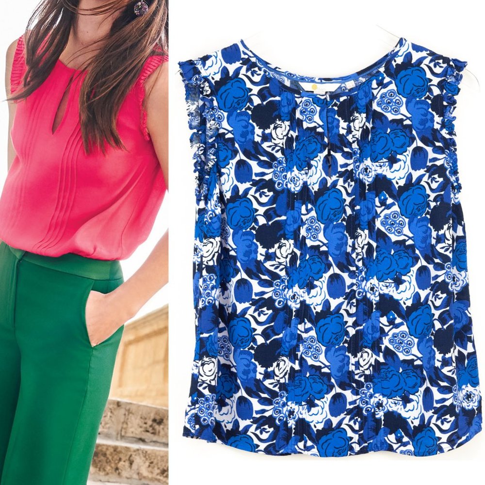Boden Clara Blouse Sleeveless Ruffle Shirt Tank Floral Blouse Blue White Size 6